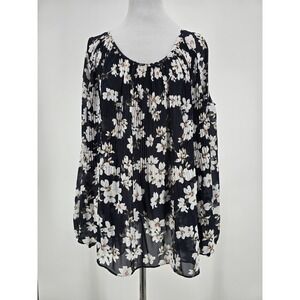 Metric Women Navy Blue White Floral Cold Shoulder Pleated Chiffon Blouse Large